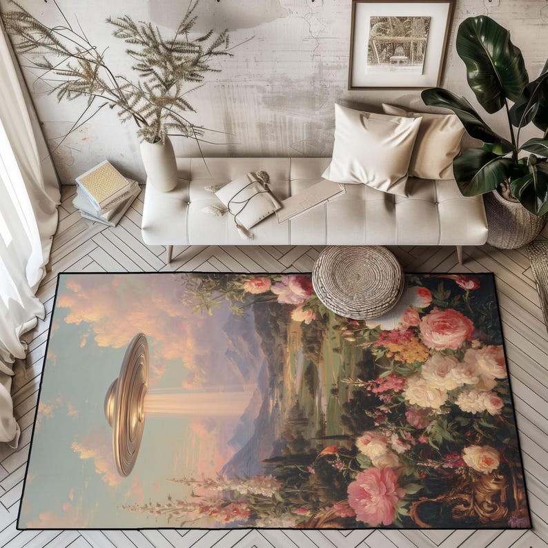 May include: A rectangular area rug featuring a surreal landscape with a golden UFO emitting a beam of light. The rug's design includes a mountain range, flowers, and a sky with clouds. The rug is placed on a wooden floor.