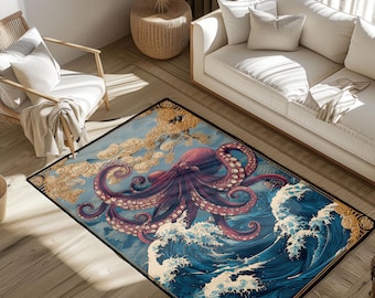 Octopus Ocean Rug, Marine Life Sea Creatures Rug, Nautical Decor Rug, Coastal Living Room Rug, Ocean Lover Rug, Marine Biology Arena Rug.