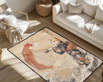 Alfombra japonesa Ukiyo-e con gato y pez koi, arte asiático vintage, kimono tradicional, regalo para amantes de los gatos, decoración del hogar estilo Gran Ola
