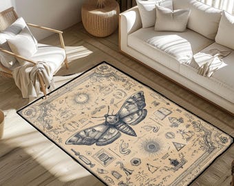 Witchcraft Hobby Rug, Occult Decor For Spiritual Person Area Rug, Dark Academia Halloween Gift Floor Mat, Pagan Religion Moth Art Rug, Goth