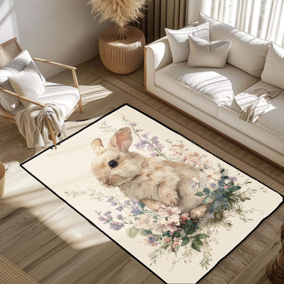 Kids Rugs Rabbit Cute Bunny Rabbit Floral Rug, Soft Animal Rug, Kids Bedroom Nursery Rug ...