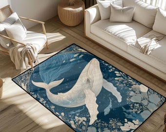 Marine Biologist Gift Rug, Ocean Lover Interest Area Rug, Coastal Home Decor Rug, Fantasy Whale Art Floor Mat, Underwater Scene Decor Rugs
