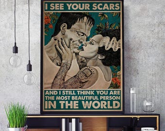 Gotische Liebes-Leinwandkunst, Poster „Narben sind schön“, Monster-Romantik-Wanddeko, Druck eines dunkelromantischen Paares, Emotionale Kunstdekoration für Zuhause auf Leinwand.