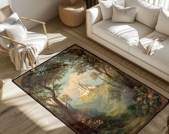 Fantasy Reader Gift Rug, Fairytale Castle Art Area Rug, Enchanted Forest Decor Rug, Magic Kingdom Lover Floor Mat, Cottagecore Aesthetic