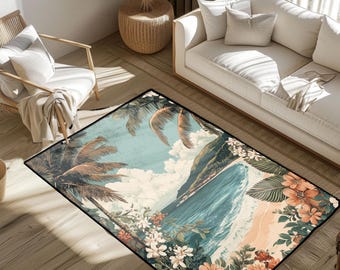 Tropischer Strandszene Teppich, Küstenwohnbereich Teppich, Meereswellen Matte, Urlaub Wohnkultur Teppich, Geschenk für Strandliebhaber, Housewarming Geschenk Teppich