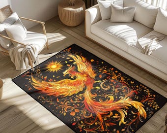 Mythology Fan Phoenix Rug, Fantasy Art Lover Decor Rug, Legend Of Rebirth Symbol Rug, Spiritual Person Home Rug, Unique Housewarming Rug