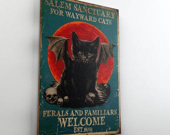 Salem Sanctuary For Wayward Cats Canvas, Ferals And Familiars Welcome Posters, Witchcraft Cat Decor Canvas, Halloween Cat Art Posters Giift