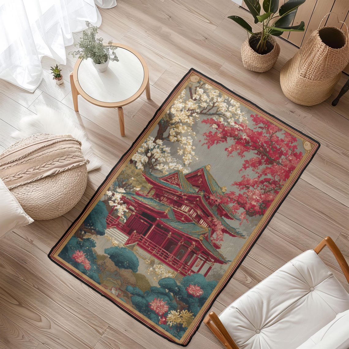 Pagoda Temple Design, Cherry Blossom Surround Rug, Oriental ...