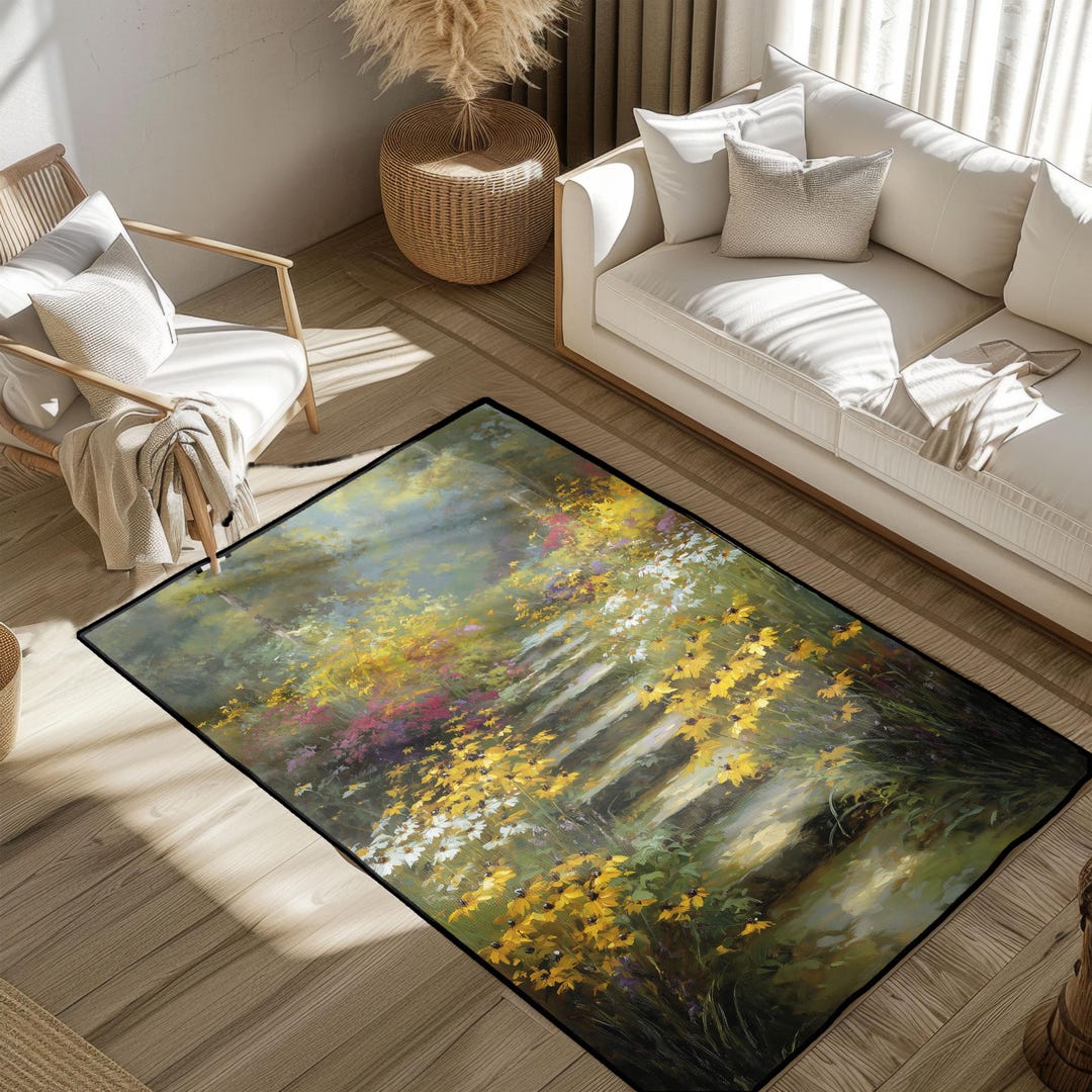 Peaceful Large Rug Nature Inspired Forest Path Rug, Floral Landscape Rug, Outdoor Garden ...