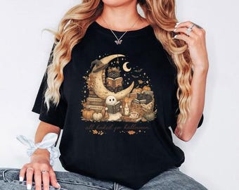 Halloween Book Lover Shirt, Ghost Reading T-Shirt, Black Cat Bookish Tee, Spooky Autumn Graphic Shirt, Reader Gift
