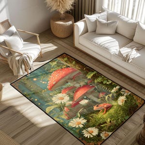 Cottagecore Mushroom Rug, Goblincore Frog Decor Area Rug, Gift For Nature Lover Floor Mat, Whimsical Fairycore Woodland Rug, Mycology Rug
