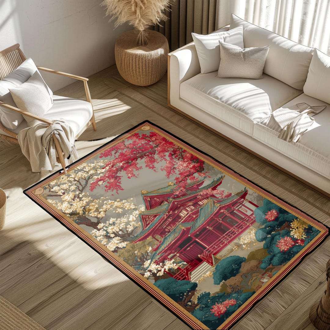 Pagoda Temple Design, Cherry Blossom Surround Rug, Oriental ...