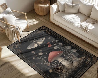 Goblincore Mushroom Hunter Rug, Cottagecore Moth Lover Area Rug, Witchy Botanical Art Floor Mat, Mystic Fungi And Insect Home Decor Carpet