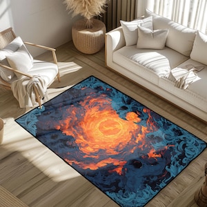 May include: Rectangular area rug with a swirling, abstract design. The rug features a central orange and yellow vortex surrounded by dark blue and teal patterns, creating a dramatic visual effect. The rug is placed on a wooden floor.