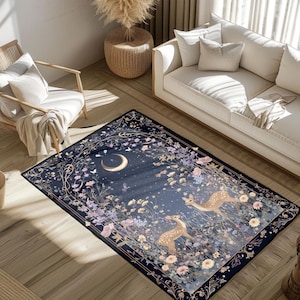 Celestial Moon Rug, Whimsical Deer Decor Rug, Fantasy Woodland Area Rug, Fairytale Cottagecore Floor Mat, Witchy Nature Lover Gift Rug