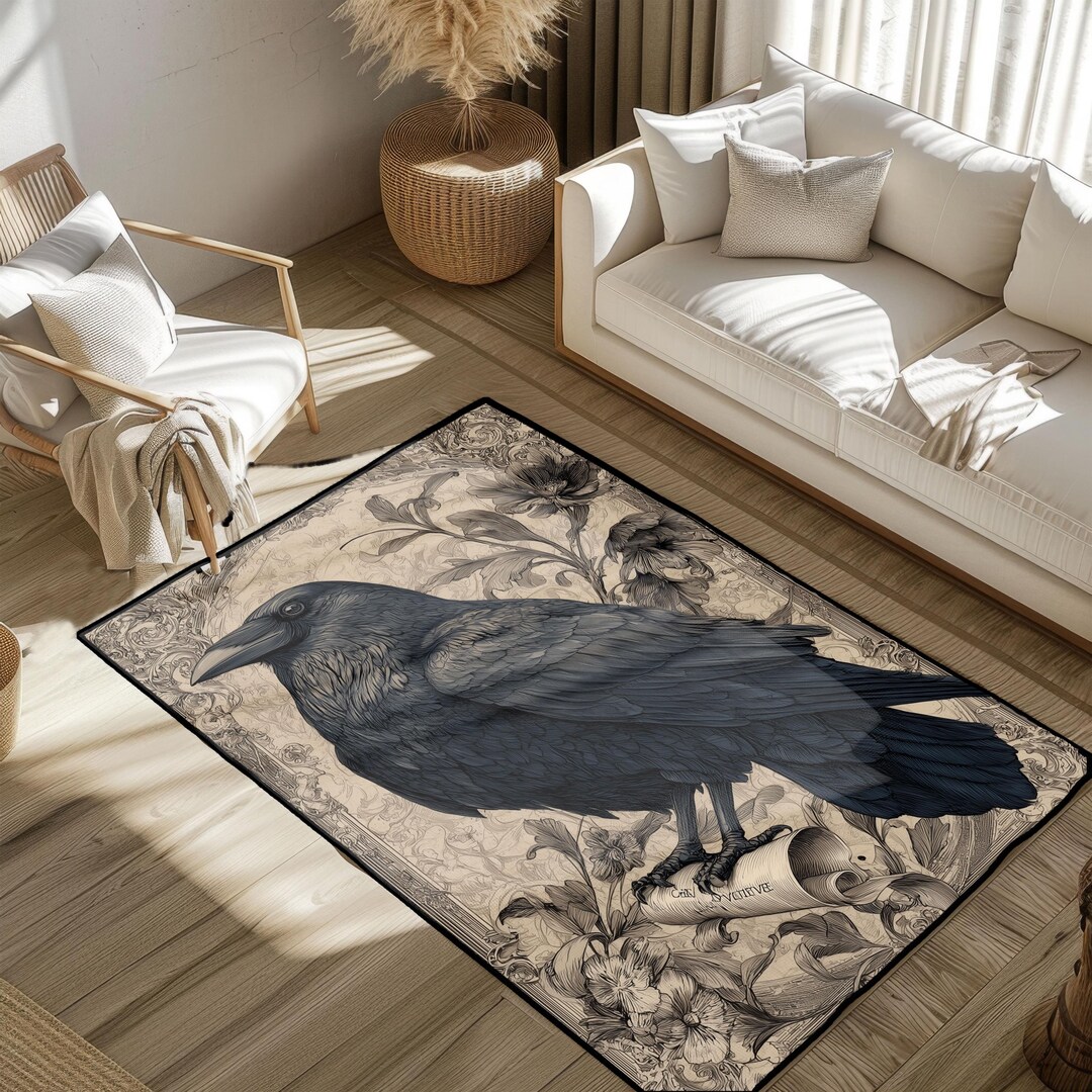 Gothic Raven Crow Rug, Dark Bird Rug, Vintage Scroll Floral Rug, Occult ...
