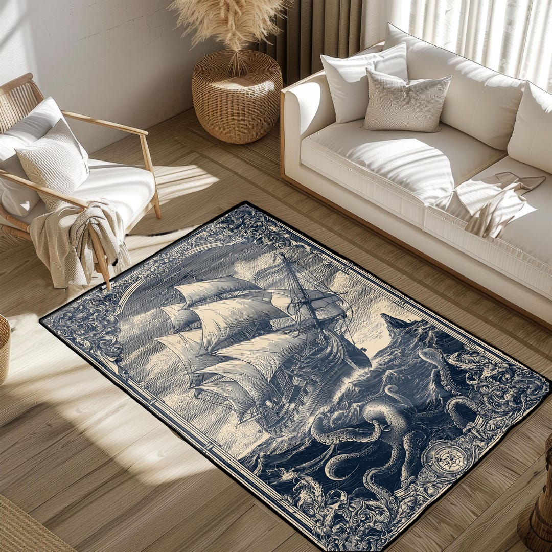 Kraken Attacking Ship Rug, Nautical Mythology Area Rug, Sailor Gift ...