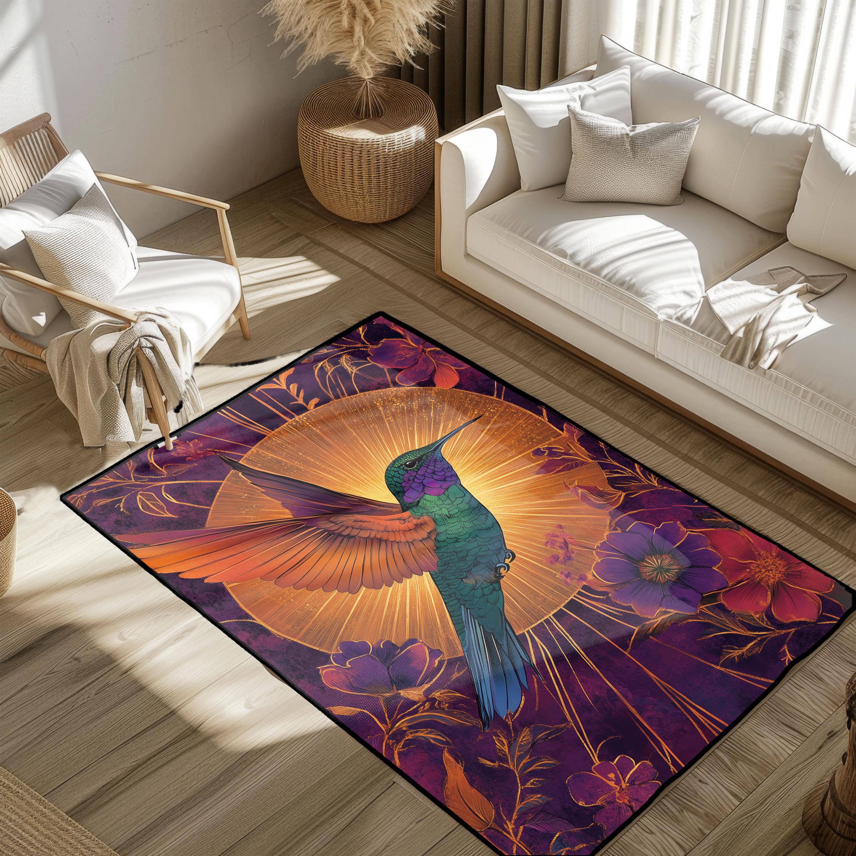 Spiritual Hummingbird Hobby Rug, Bird Lover Interest Gift Rug, Nature Inspired Floral Rug, Mystical Gardener Rug, Vibrant Sun Energy Art Rug