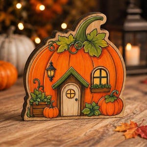 Sprookjesachtig pompoenhuisje van hout, speels herfsthuisjesbord, etagère met herfstthema
