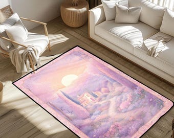 Verträumter Teppich mit verzaubertem Schloss Sonnenuntergang, Mystische Berge Lila, Zauberhaftes Märchen Landschaft Bodenmatte, Fantasy Kunst Hobby Zuhause