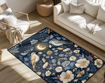 Celestial Bird Watcher Rug, Night Garden Gardener Gift Area Rug, Spiritual Nature Lover Floor Mat, Housewarming Gift For Mom Home Decor Rug