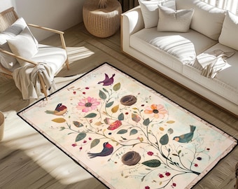 Bird Watcher Hobby Rug, Gardener Interest Rug, Nature Lover Gift Rug, Botanical Art Rug, Vintage Home Rug, New Home Gift Rug, Spring Floral
