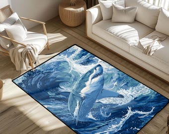 Shark Lover Gift Rug, Great White Ocean Area Rug, Marine Biologist Floor Mat, Surfer Hobby Carpet, Dad Birthday Rug, Sea Life Decor Carpet