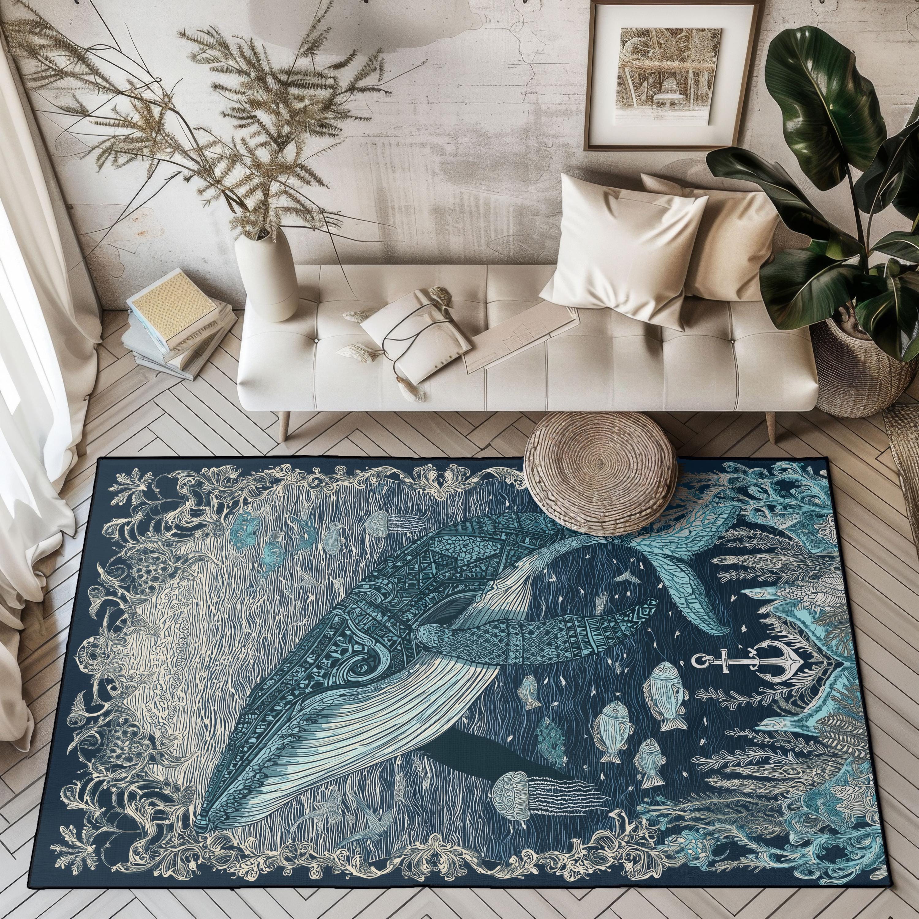 Whale Ocean Rug, Marine Life Rug, Sea Creature Rug, Nautical Decor