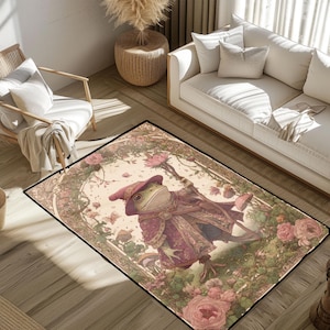May include: A rectangular area rug featuring a whimsical illustration of a frog dressed in a wizard's attire, holding a staff. The rug has a floral border with pink roses and a beige background. The frog is wearing a burgundy robe and hat.