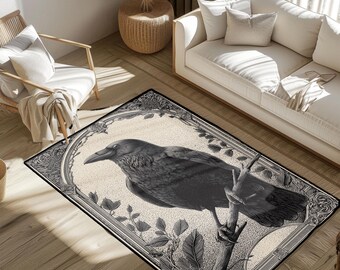 Raven Design Rug, Crow Illustration Area Rug, Bird Hobby Floor Mat, Halloween Mystical Rug, Animal Interest Decor Mat, Witchy Bird Rug Decor