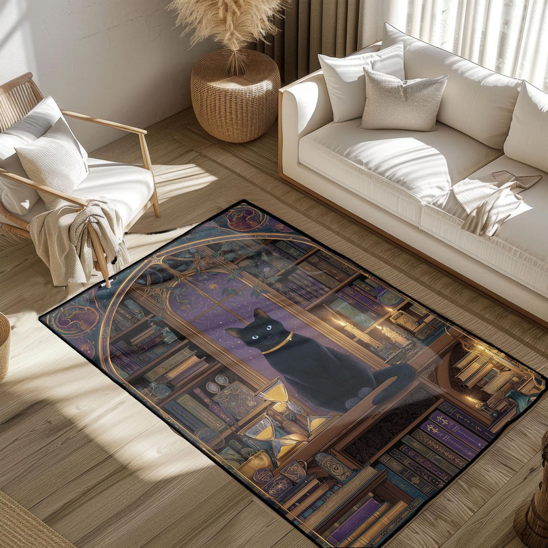 University Library Rug Black Cat Lover Rug, Magical Library Area Rug, Bookworm Hobby Carpet ...