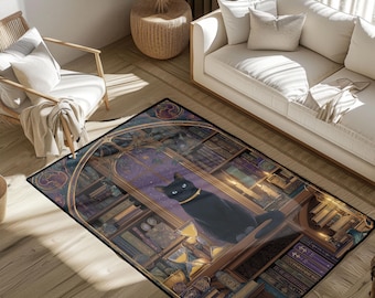 Black Cat Lover Rug, Magical Library Area Rug, Bookworm Hobby Carpet, Dark Academia Decor Rug, Witchy Gift For Reader Area Rug, Gothic Decor