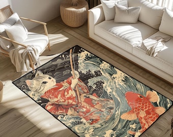 Alfombra de estilo japonés con diseño de gato pescando, inspirada en Ukiyo-e, con olas y peces koi, ideal para amantes de los animales, un detalle decorativo único para el hogar.