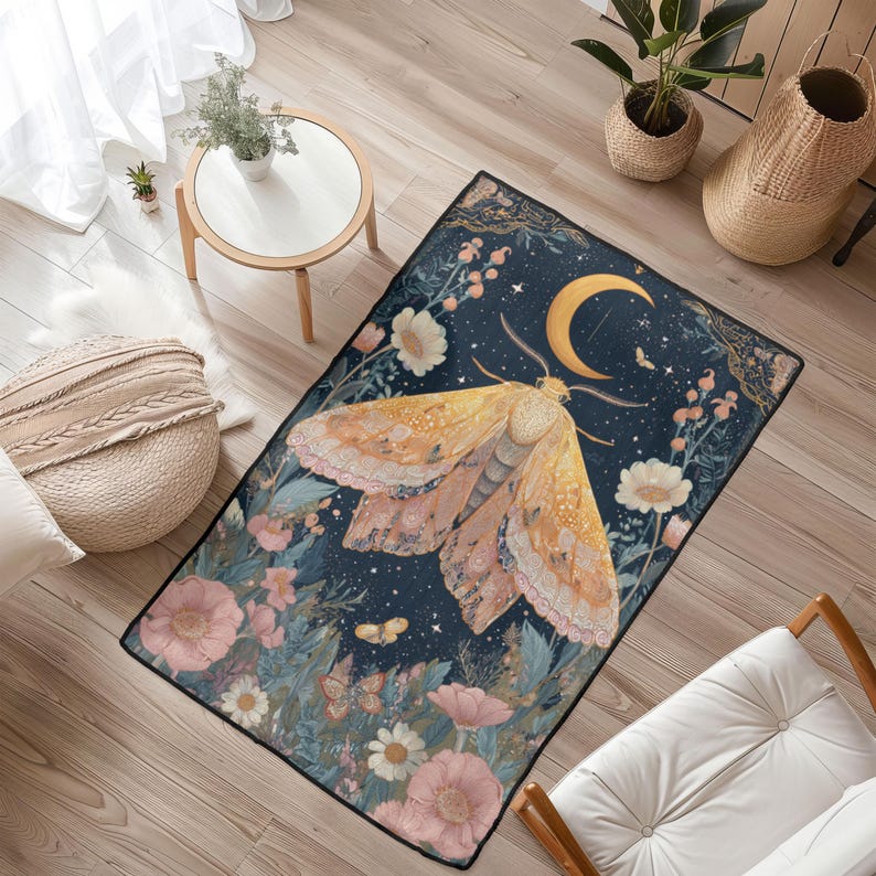 May include: Rectangular area rug featuring a large moth with yellow and pink wings, set against a dark blue starry night sky. The rug is bordered by flowers and foliage in shades of pink, white, and green. A crescent moon is also visible.