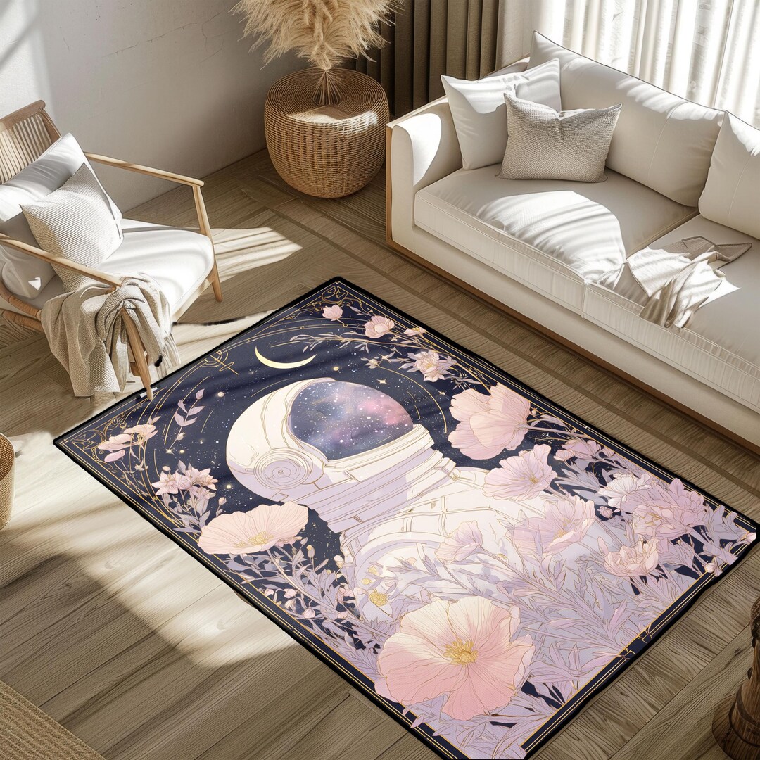 Spacecraft Rug Astronaut and Flowers Rug, Space Exploration Rug, Science Lover Rug ...