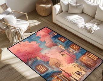 Japanese Street Rug, Anime Lover Gift Rug, Romantic Couple Rug, Cherry Blossom Rug, Japan Hobbyist Floor Mat, Otaku Housewarming Gift Rug