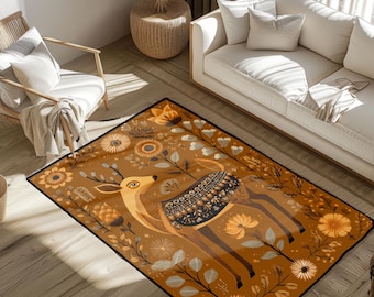 Può includere: Tappeto rettangolare con un motivo di cervo stilizzato, circondato da motivi floreali in marrone, beige e nero. Il tappeto ha un bordo nero. Adatto per l'arredamento della casa, misura circa 150 cm x 200 cm.