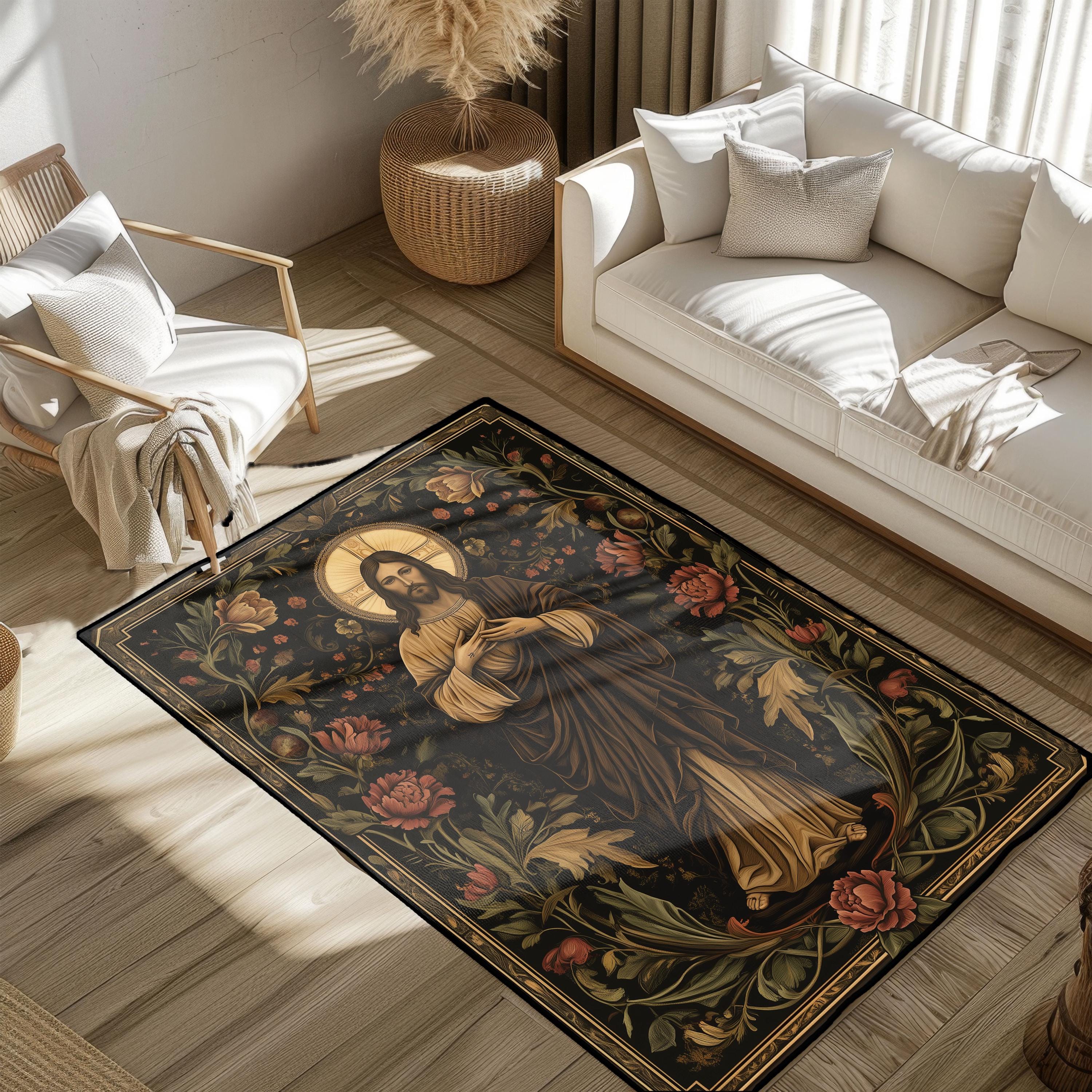 Jesus Christ With Flowers Rug, Christian Faith Decor Rug