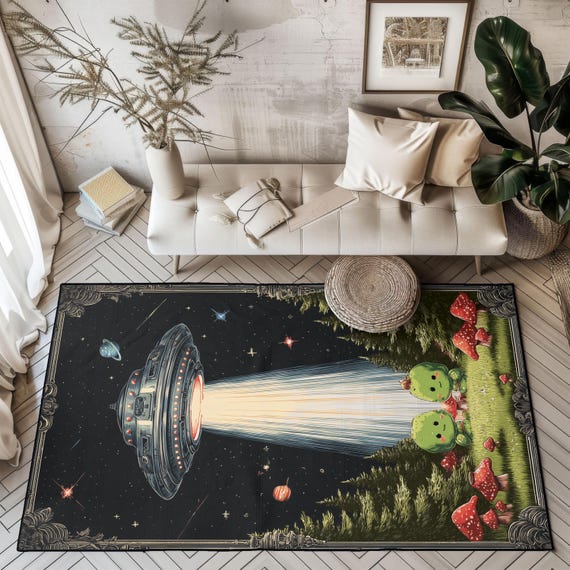 Cute Alien Hobby Rug, UFO Believer Area Rug, Sci-fi Fan Birthday
