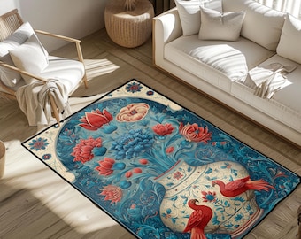 Art Nouveau Floral Rug, William Morris Style Bird And Flower Rug, Vintage Botanical Living Room Rug, Bohemian Accent Floor Mat For Home Rug.