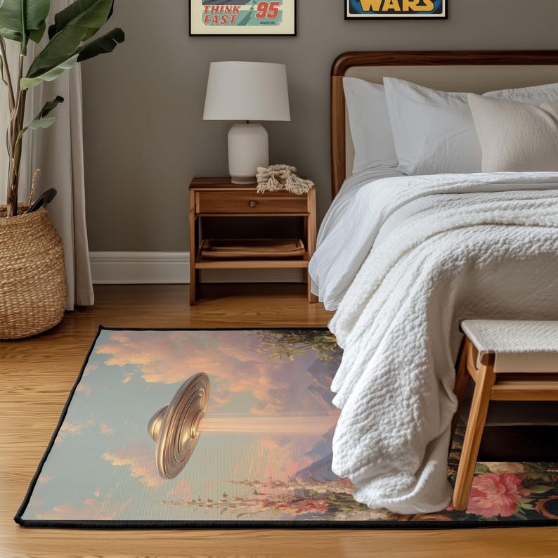 May include: A rectangular area rug featuring a surreal landscape with a golden UFO hovering above a pastel-colored sky. The rug has a black border and depicts mountains, flowers, and clouds. The rug is placed in a bedroom setting.