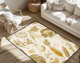 Gold Vegetable Pattern Area Rug, Cream Botanical Kitchen Rug, Farmhouse Produce Illustration Rug, Carrot Onion Garden Decor For Dining Room.
