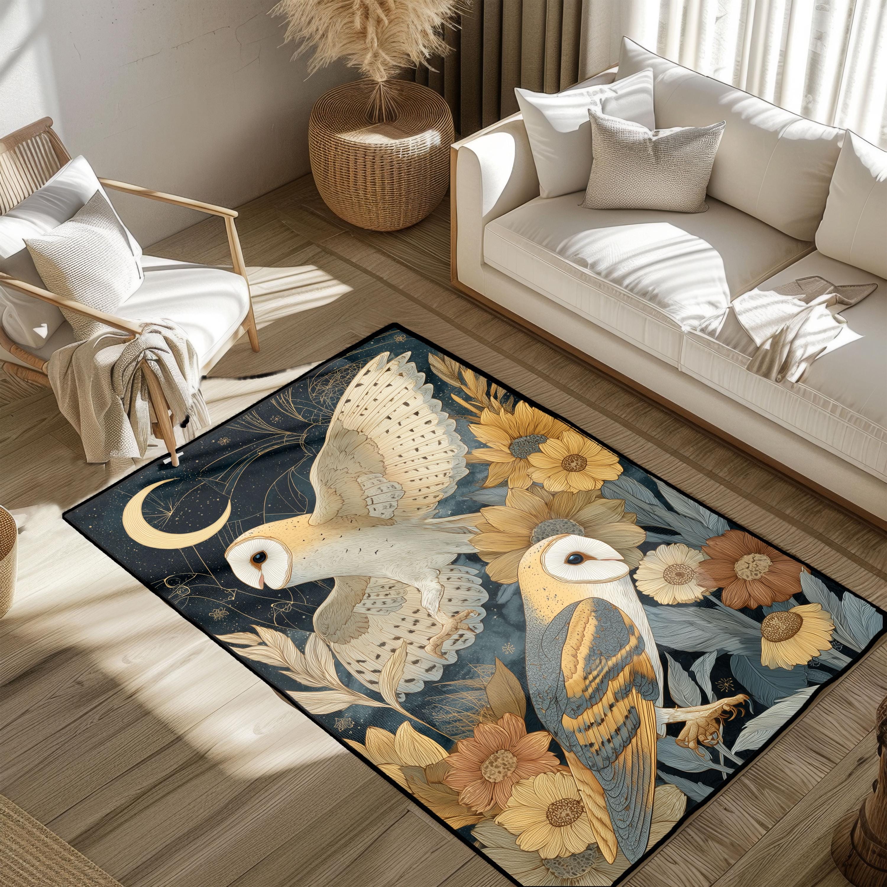 Barn Owl Lover Gift Rug, Bird Watcher Hobby Area Rug, Celestial Moon Decor Floor Mat, Nature Lover H