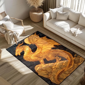 Tapete de dragão dourado, tapete de criatura mítica, tapete de arte fantástica, tapete de animal lendário, tapete de besta mágica, tapete de mitologia asiática, tapete de amante da fantasia