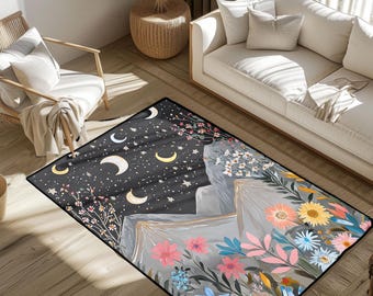 Halbmond Mond-Gebirgsteppich, Sternennacht-Blumenteppich, Natur Hobby Wildnis Dekor Teppich, Landschaft Enthusiast Bodenmatte Dekor Haus Geschenk