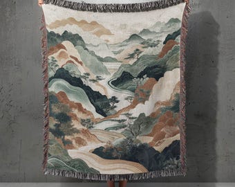 Berglandschaft 100% Baumwolle gewebte Decke, Zen Nature Art Werfen, Boho Fluss Wandteppich Decke, Waldlandschaft werfen, Naturliebhaber für Zuhause