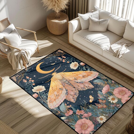 Mystical Moon Moth Rug, Nature Inspired Rug, Floral Night Sky Rug, Celestial Decor Rug, Astrology Lover Rug, Boho Home Rug, Spiritual Rug