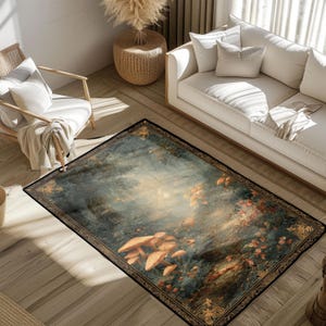 Cottagecore Gift Rug, Goblincore Decor Area Rug, Mushroom Lover Mat, Fantasy Hobby Rug, Enchanted Forest Art, Dark Academia Rug For Reader