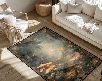 Alfombra de regalo estilo cottagecore, alfombra decorativa Goblincore, alfombra para amantes de los hongos, alfombra de fantasía, arte del bosque encantado, alfombra Dark Academia para el lector