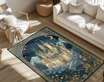 May include: A rectangular area rug featuring a detailed illustration of a castle under a starry night sky. The rug has a dark blue background with gold accents and floral patterns around the edges. The castle is beige and white.